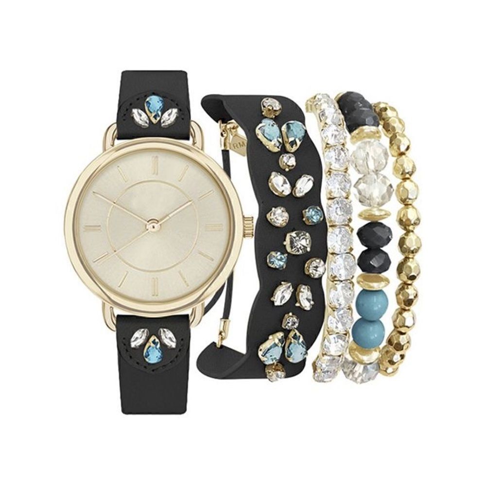 Jessica Carlyle Analog Black Jeweled Strap Watch 34mm w/ Matching Bracelets Set